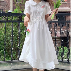 法式复古白色印花减龄娃娃领连衣裙仙女超仙森系夏泡泡袖气质长裙